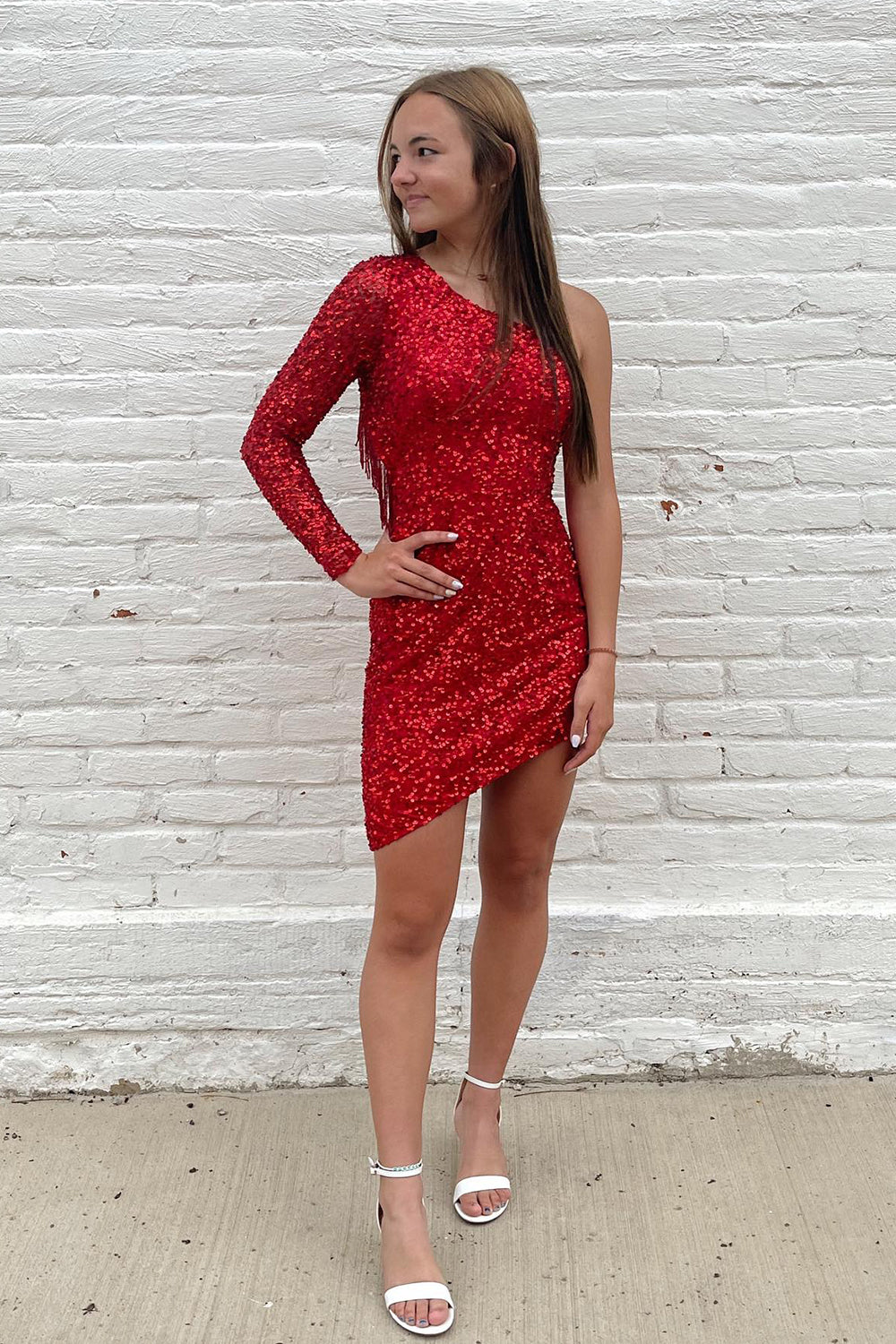 Misshow Sparkly Hot Pink One Shoulder Tight Sequins Homecoming Dress/Mini Dress with Fringes