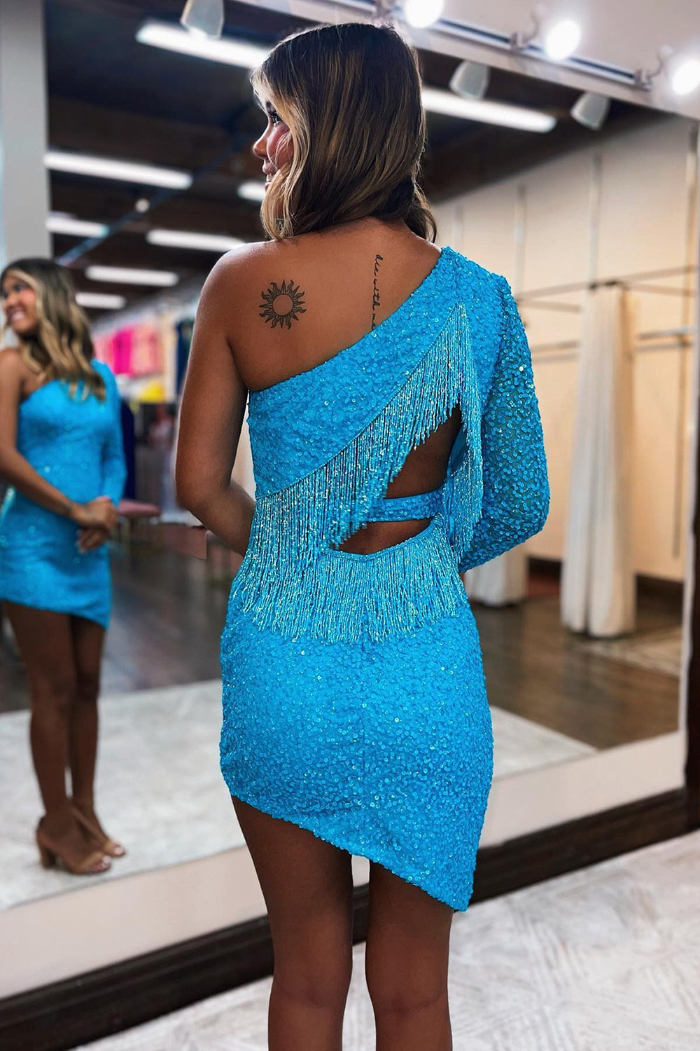 Misshow Sparkly Hot Pink One Shoulder Tight Sequins Homecoming Dress/Mini Dress with Fringes
