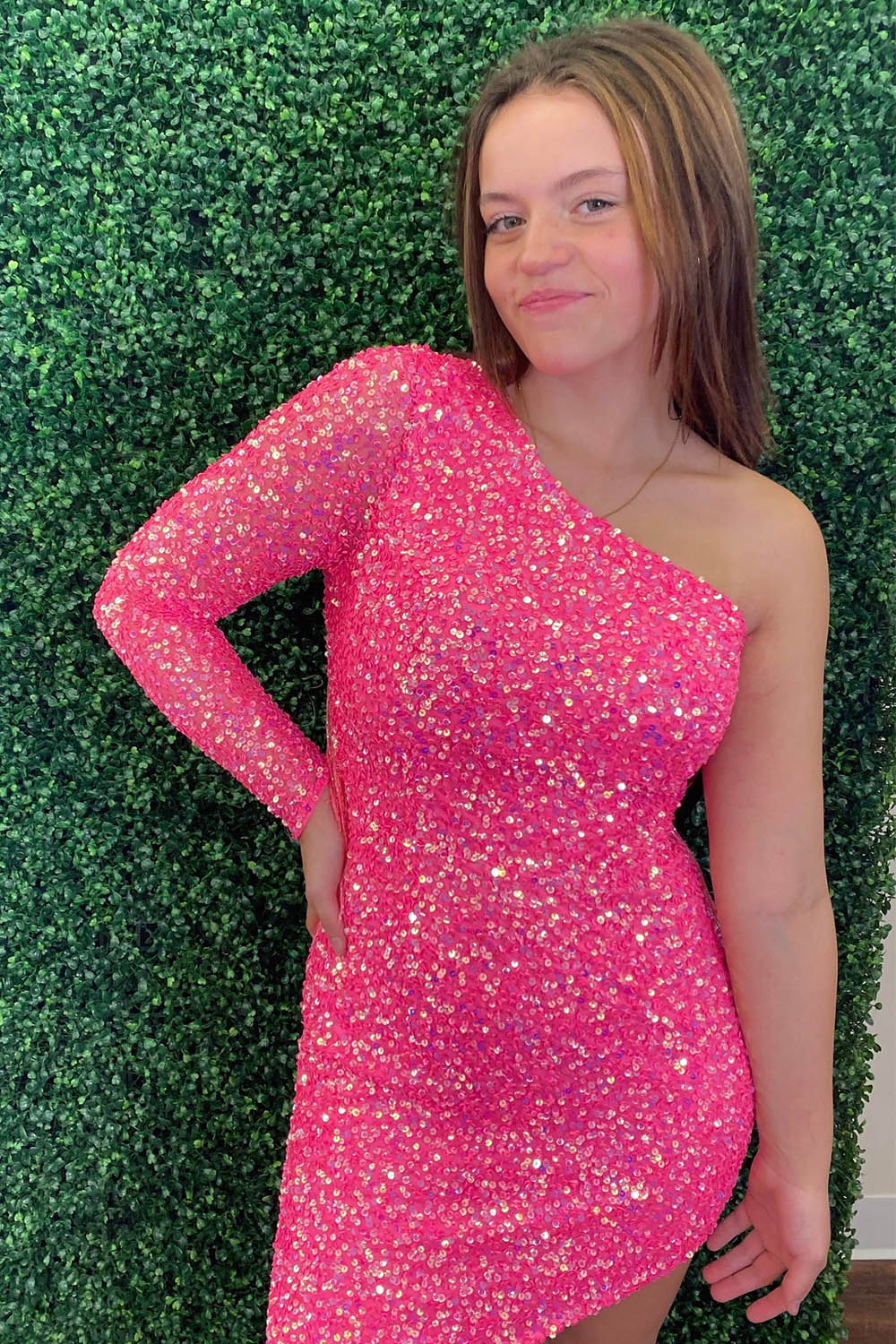 Misshow Sparkly Hot Pink One Shoulder Tight Sequins Homecoming Dress/Mini Dress with Fringes