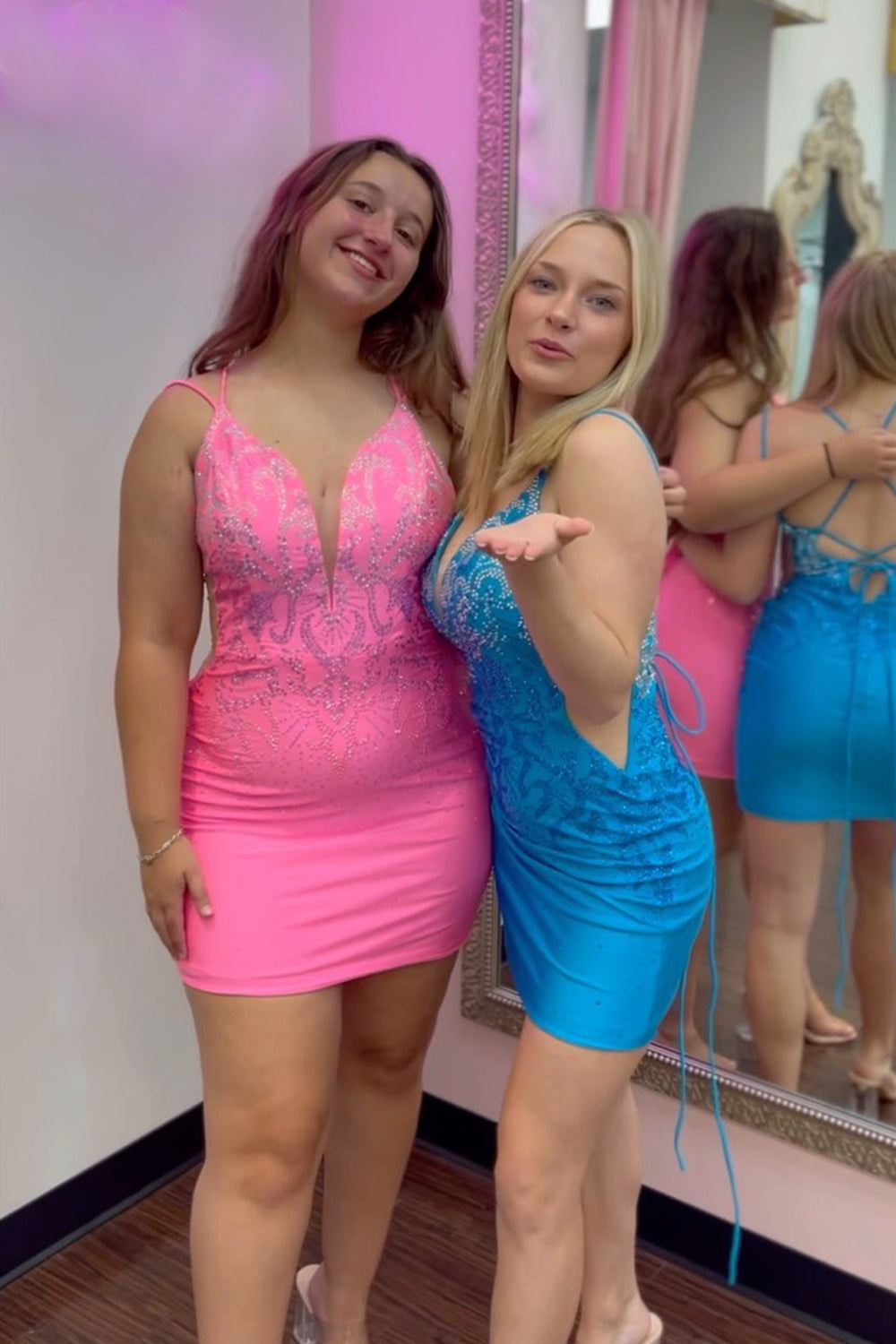Misshow Sparkly Hot Pink Sequined Satin Tight Short Homecoming Dress/Mini Dress