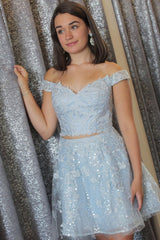 Misshow Sparkly Light Blue Lace A-Line Cut Out Short Homecoming Dress/Mini Dress