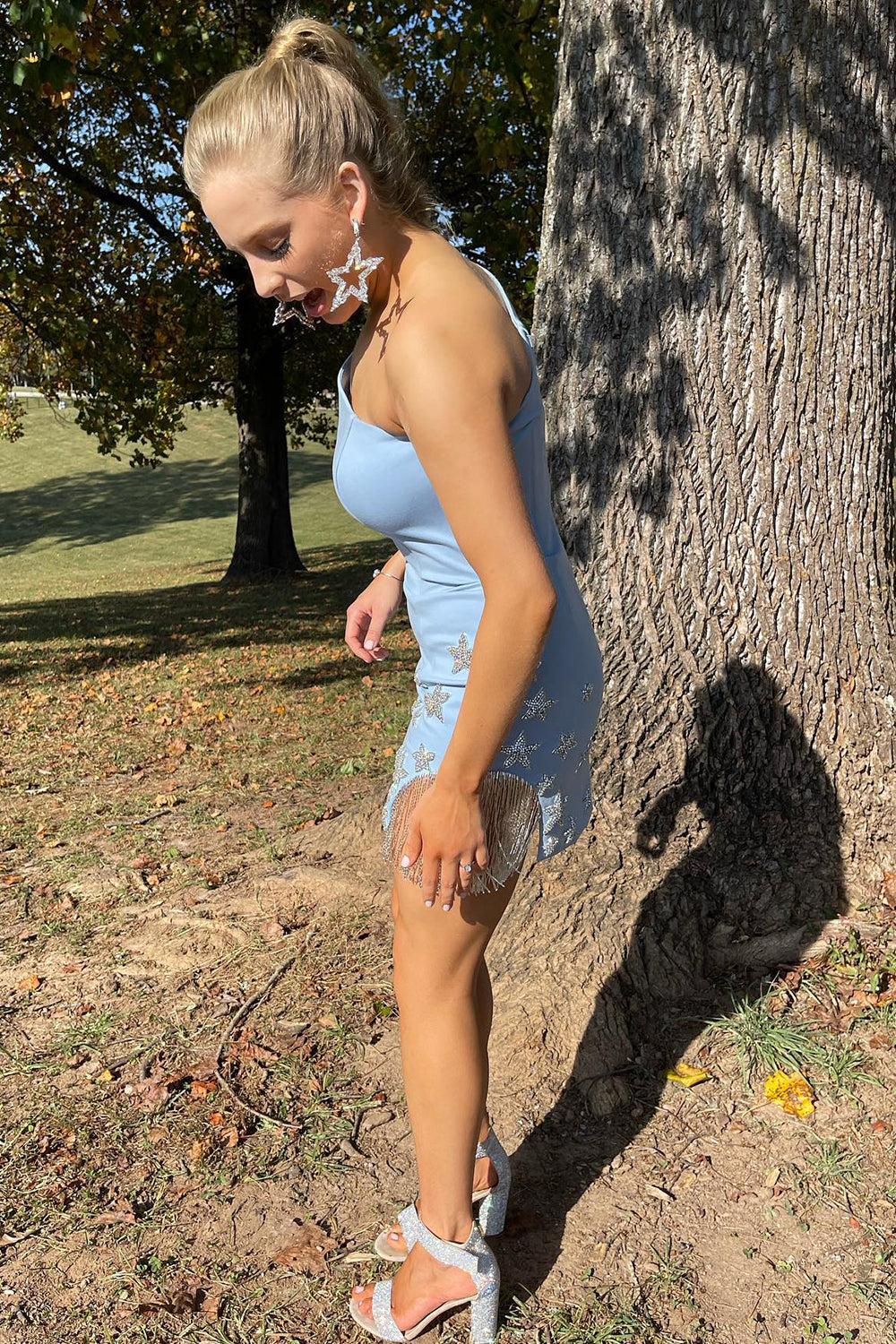 Misshow Sparkly Light Blue One Shoulder Stars Tight Short Homecoming Dress/Mini Dress with Fringes