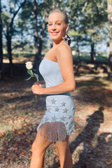 Misshow Sparkly Light Blue One Shoulder Stars Tight Short Homecoming Dress/Mini Dress with Fringes