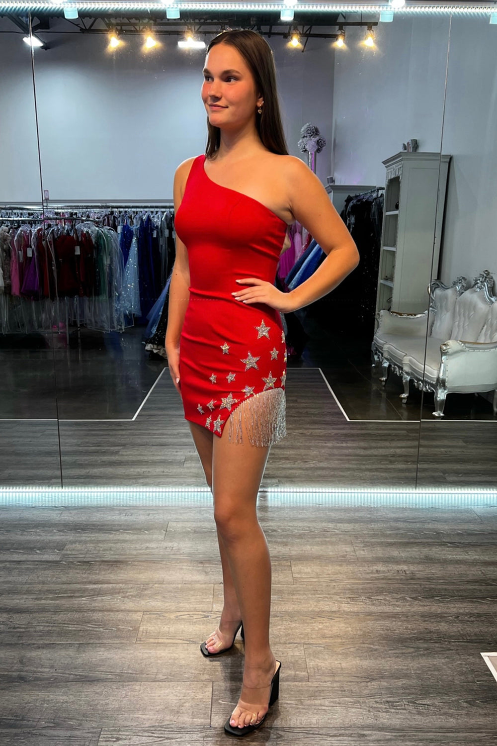 Misshow Sparkly Light Blue One Shoulder Stars Tight Short Homecoming Dress/Mini Dress with Fringes