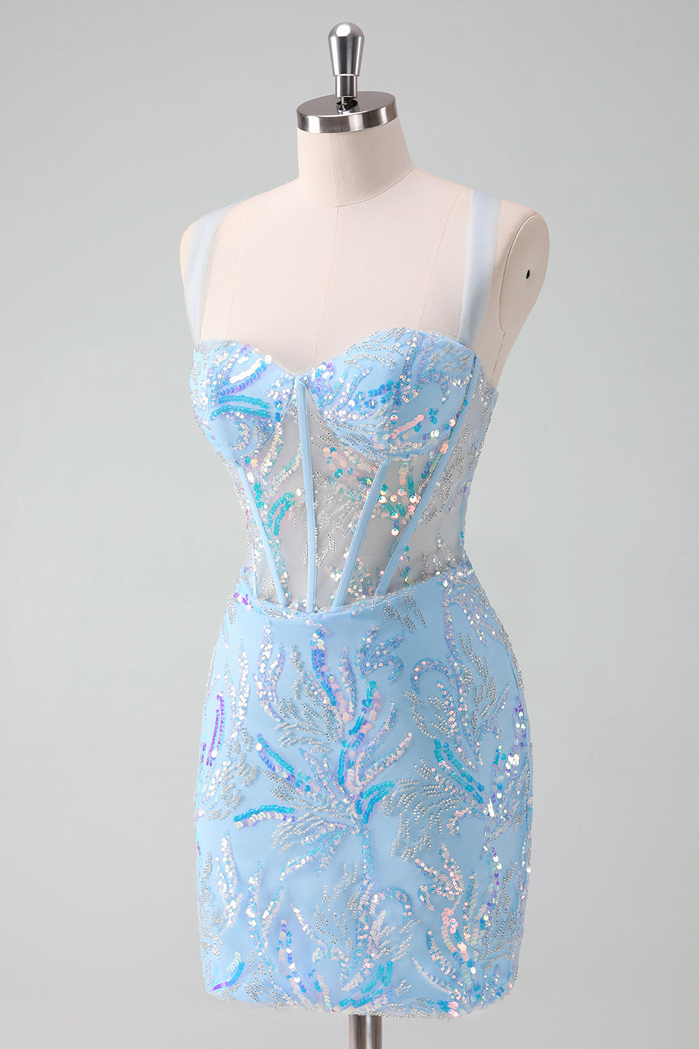 Misshow Sparkly Light Blue Sequins Corset Tight Short Homecoming Dress/Mini Dress