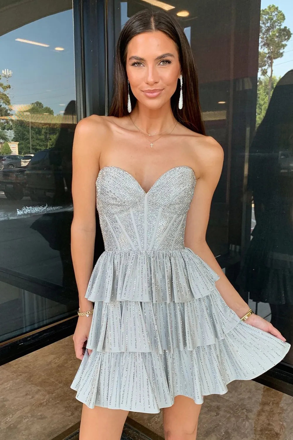 Misshow Sparkly Lilac A Line Corset Strapless Tiered Short Homecoming Dress/Mini Dress