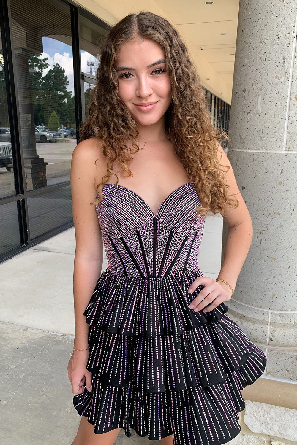 Misshow Sparkly Lilac A Line Corset Strapless Tiered Short Homecoming Dress/Mini Dress