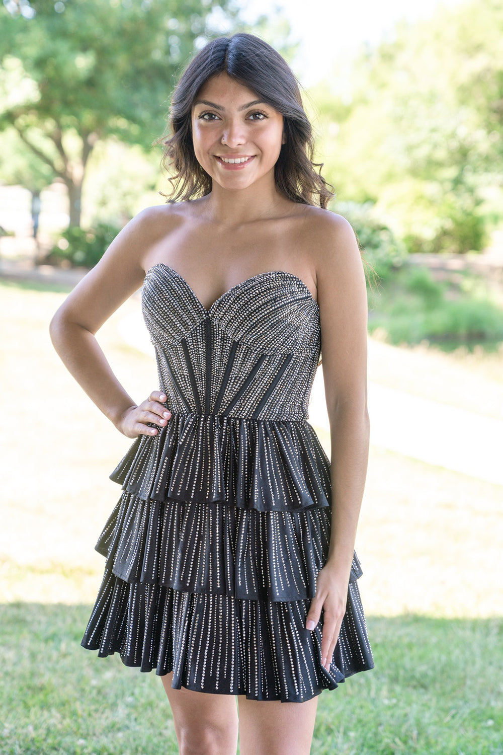 Misshow Sparkly Lilac A Line Corset Strapless Tiered Short Homecoming Dress/Mini Dress