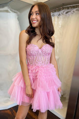 Misshow Sparkly Lilac Corset A Line Tiered Short Homecoming Dress/Mini Dress with Lace