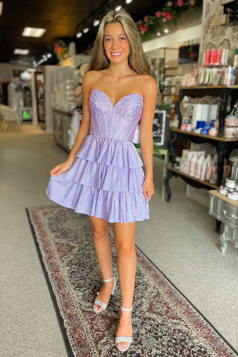 Misshow Sparkly Lilac Pink A Line Corset Strapless Tiered Short Homecoming Dress/Mini Dress