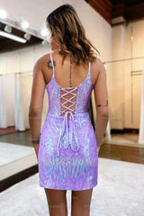 Misshow Sparkly Lilac Sequins Lace-Up Back Tight Short Homecoming Dress/Mini Dress