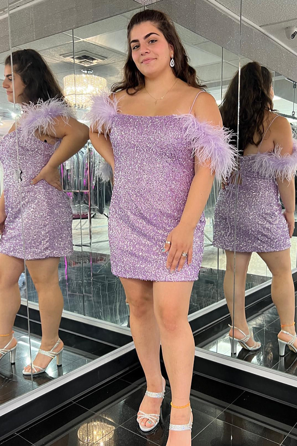 Misshow Sparkly Lilac Sequins Tight Short Homecoming Dress/Mini Dress with Feathers