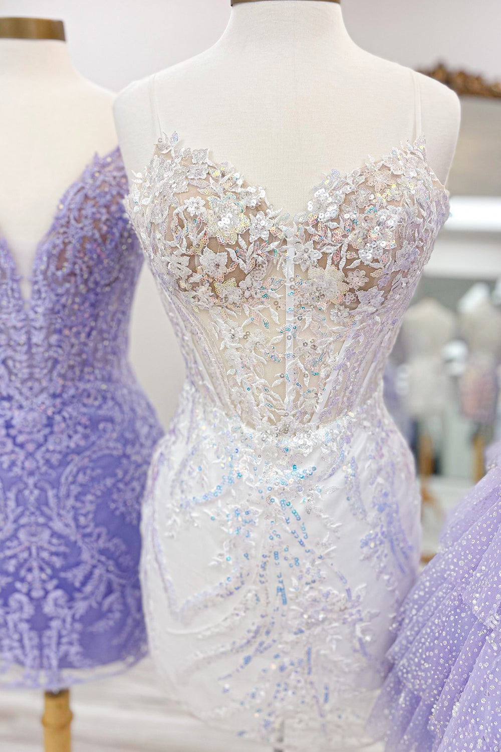 Misshow Sparkly Lilac Spaghetti Straps Corset Tight Short Homecoming Dress/Mini Dress with Appliques