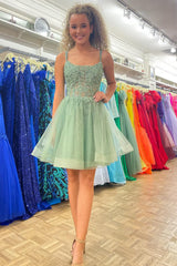 Misshow Sparkly Mint A Line Corset Short Homecoming Dress/Mini Dress with Lace