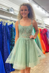 Misshow Sparkly Mint A Line Corset Short Homecoming Dress/Mini Dress with Lace