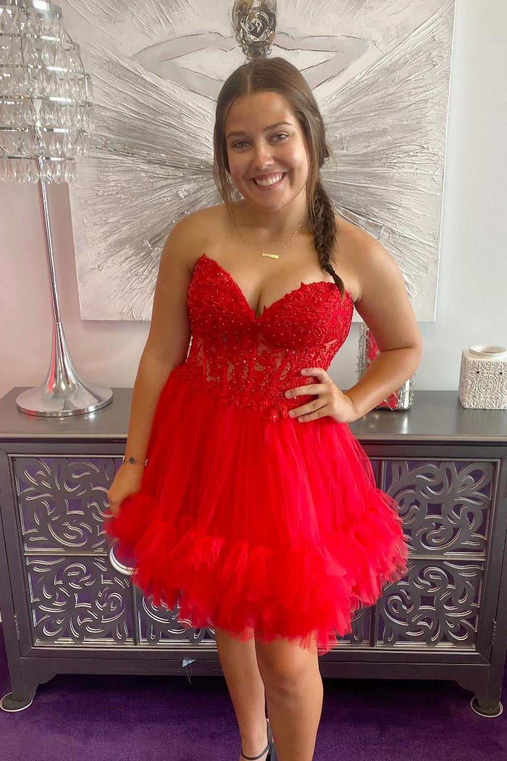 Misshow Sparkly Navy Beaded A Line Short Homecoming Dress/Mini Dress with Appliques
