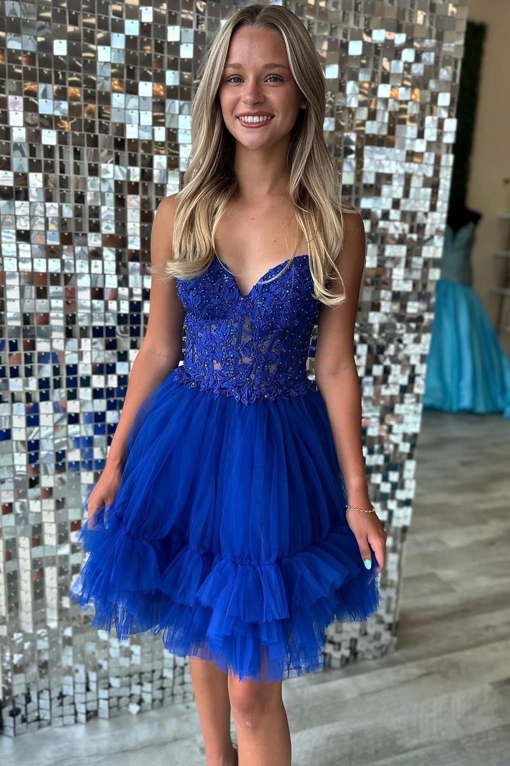 Misshow Sparkly Navy Beaded A Line Short Homecoming Dress/Mini Dress with Appliques