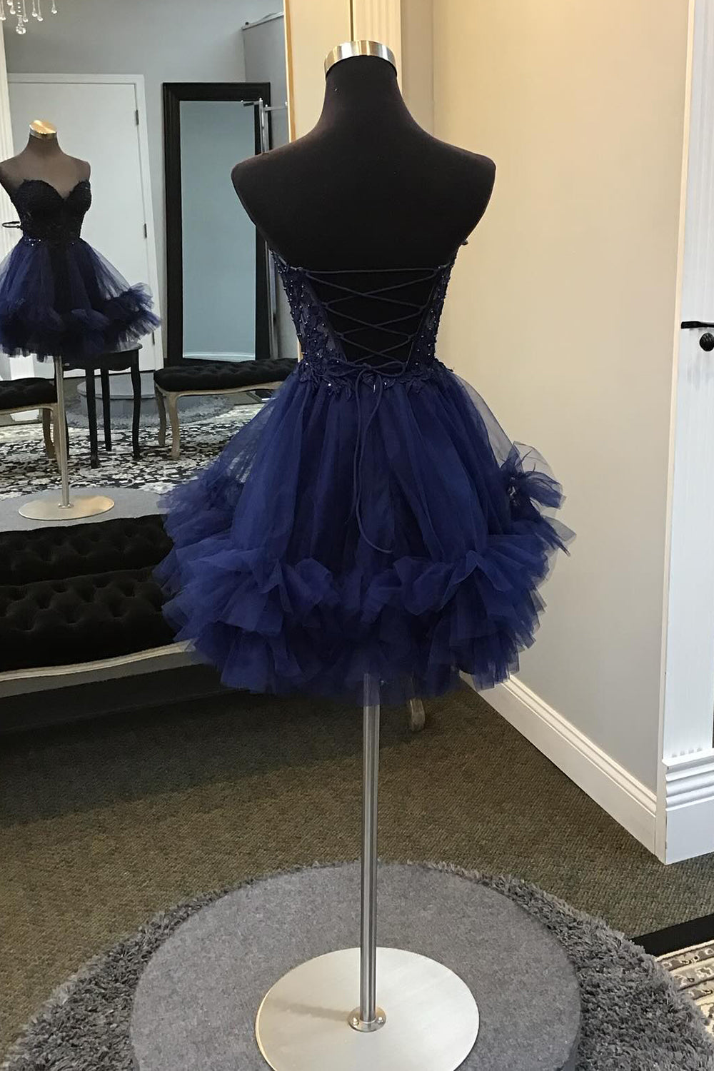 Misshow Sparkly Navy Beaded A Line Short Homecoming Dress/Mini Dress with Appliques