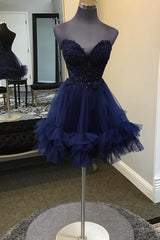 Misshow Sparkly Navy Beaded A Line Short Homecoming Dress/Mini Dress with Appliques