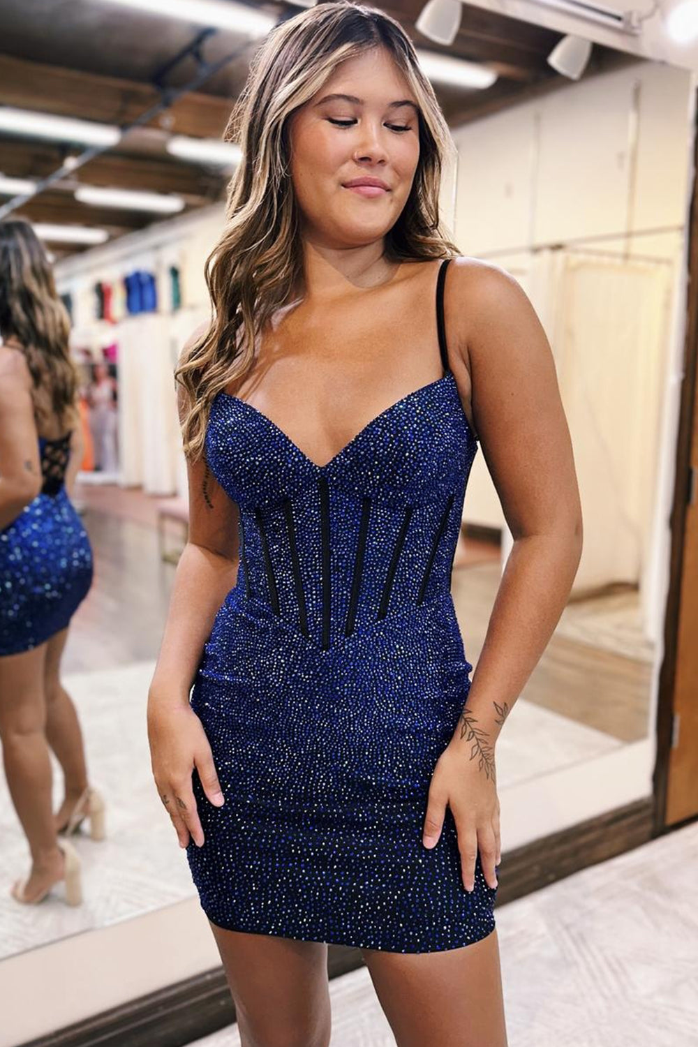 Misshow Sparkly Navy Beaded Lace-Up Back Corset Tight Short Homecoming Dress/Mini Dress