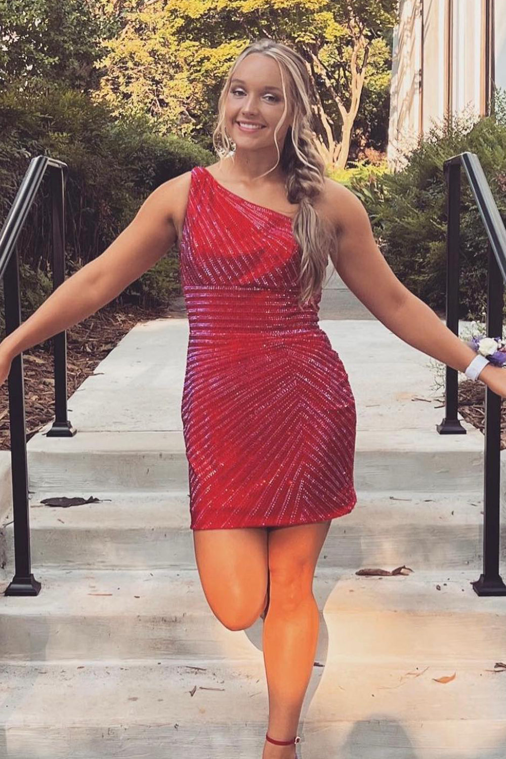 Misshow Sparkly Navy Beaded One Shoulder Tight Short Homecoming Dress/Mini Dress