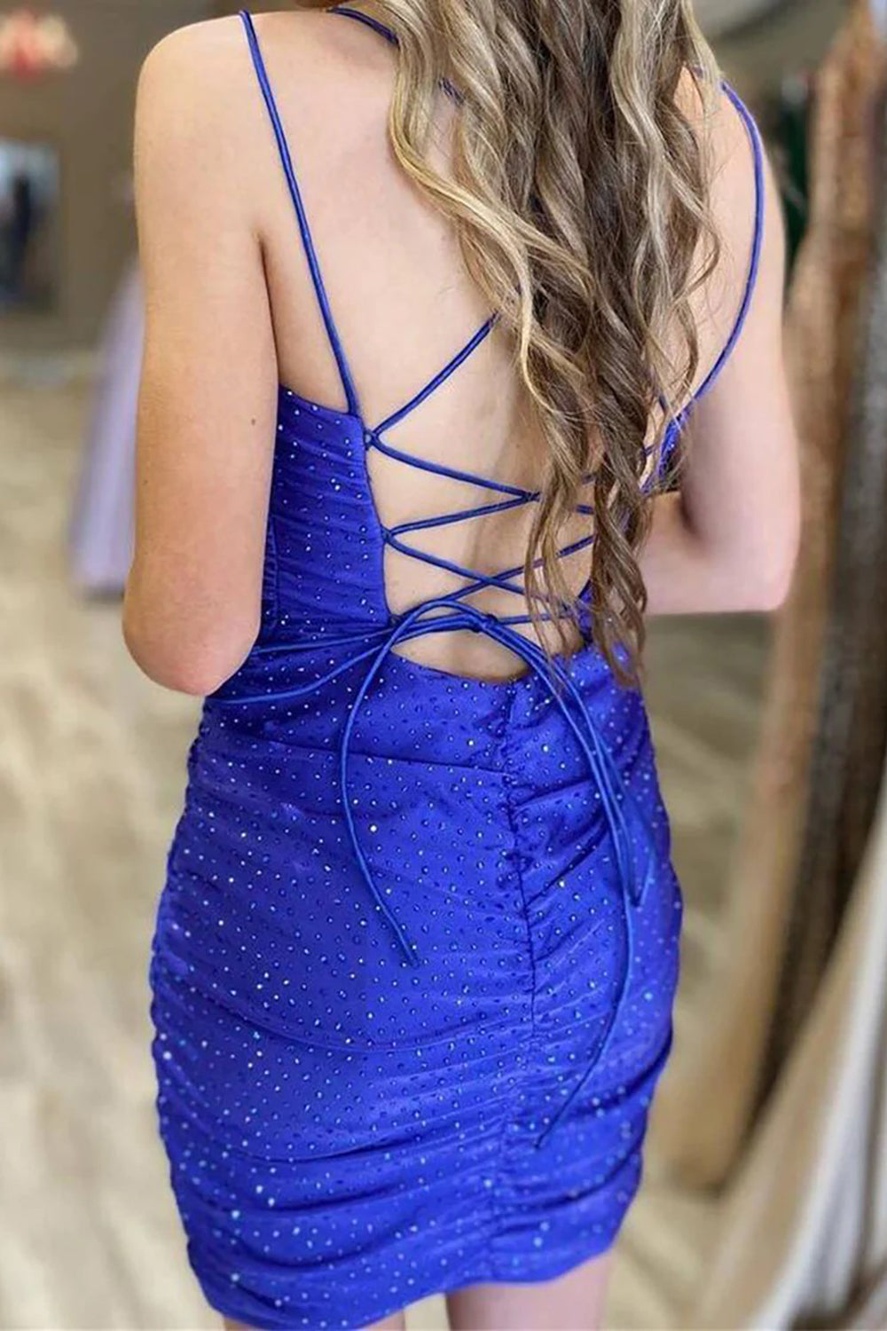 Misshow Sparkly Navy Sequined Lace-Up Back Tight Homecoming Dress/Mini Dress