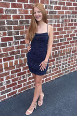Misshow Sparkly Navy Sequined Lace-Up Back Tight Short Homecoming Dress/Mini Dress