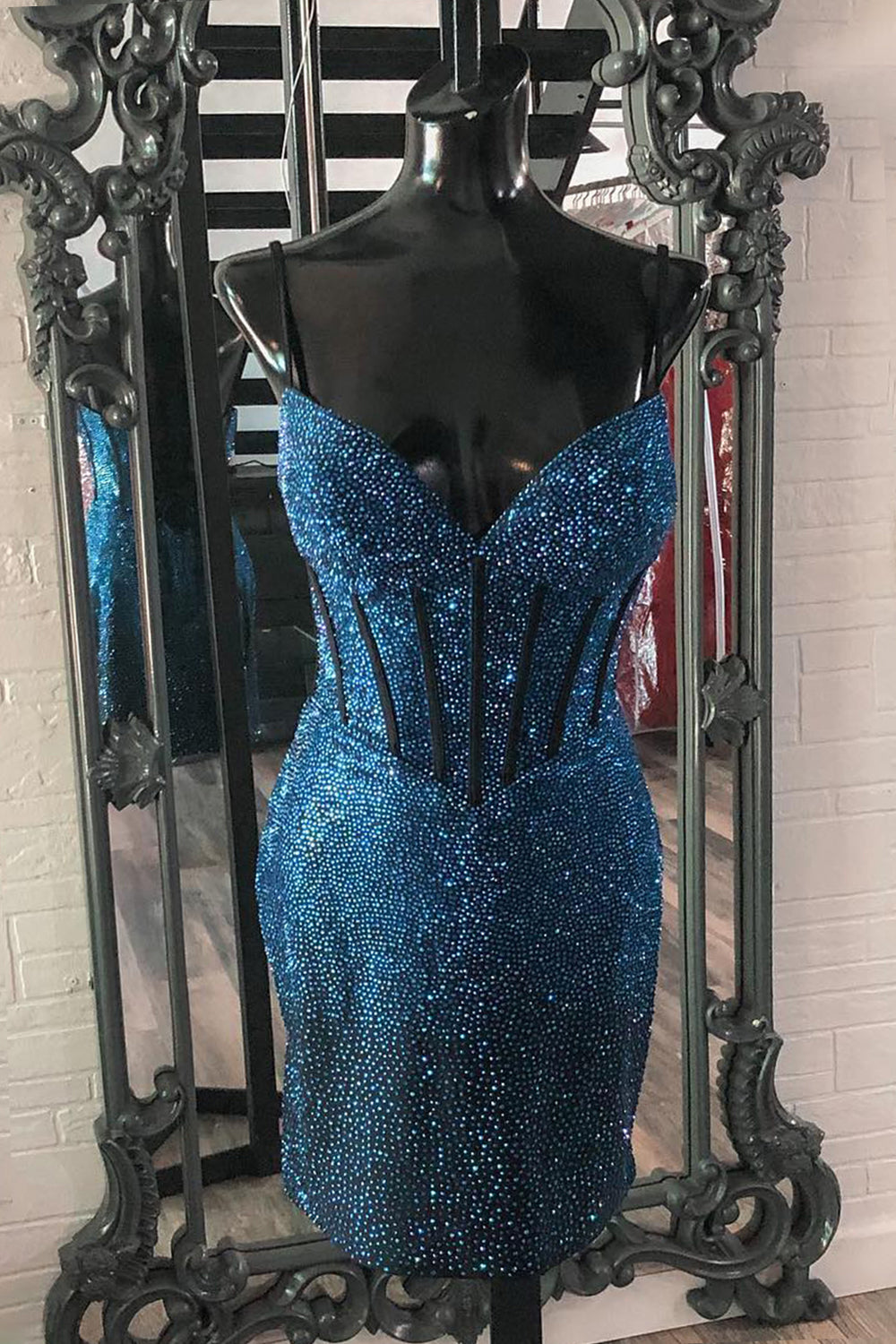Misshow Sparkly Navy Spaghetti Straps Corset Tight Short Homecoming Dress/Mini Dress with Beadings