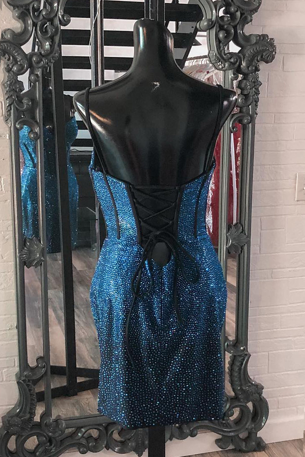 Misshow Sparkly Navy Spaghetti Straps Corset Tight Short Homecoming Dress/Mini Dress with Beadings