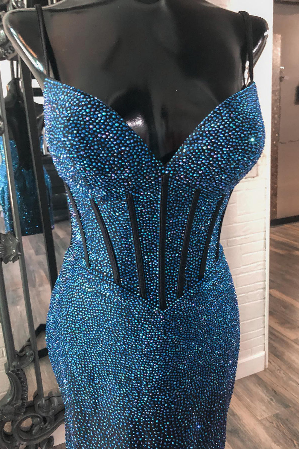 Misshow Sparkly Navy Spaghetti Straps Corset Tight Short Homecoming Dress/Mini Dress with Beadings