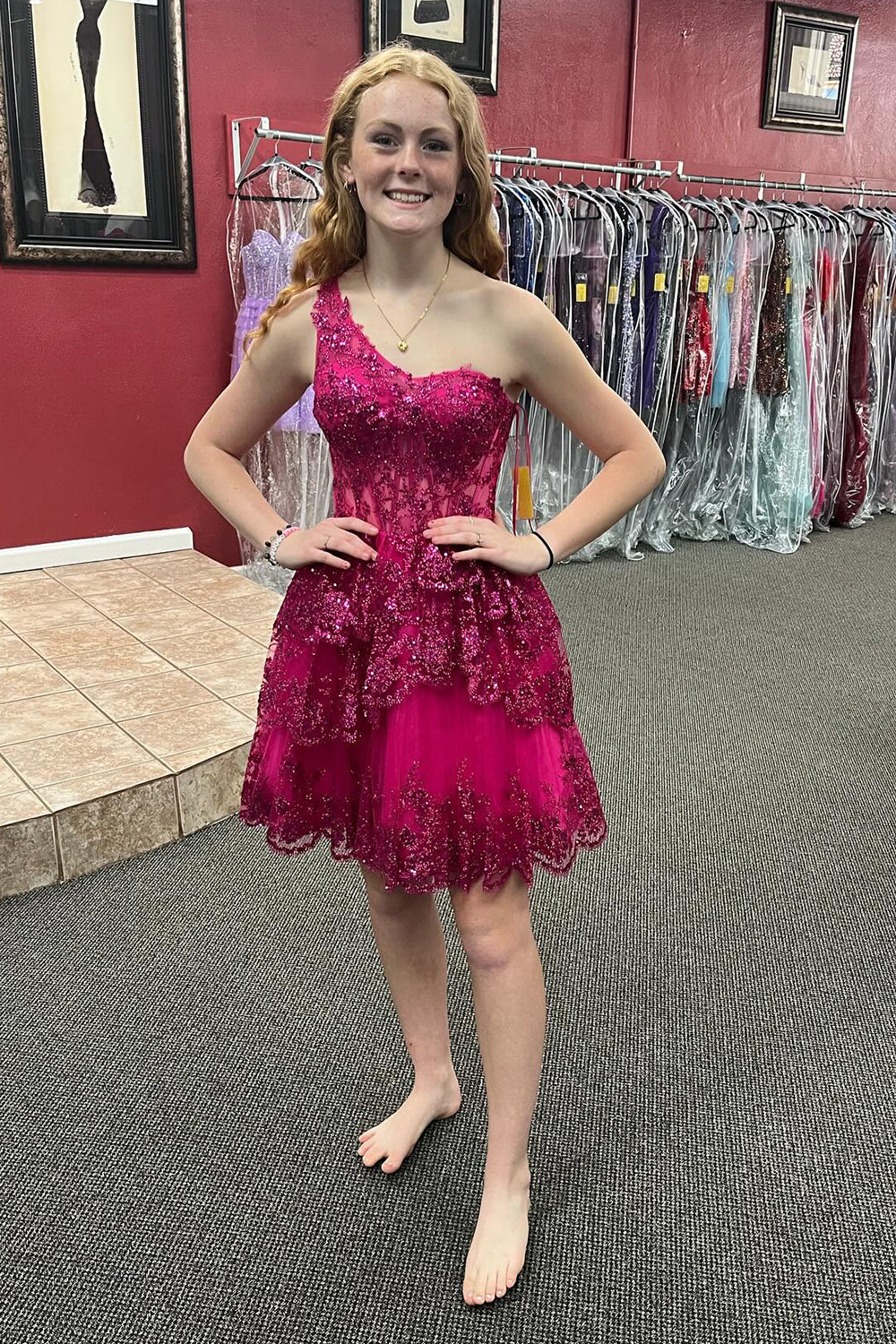 Misshow Sparkly Navy Tiered Lace One Shoulder A-Line Short Homecoming Dress/Mini Dress