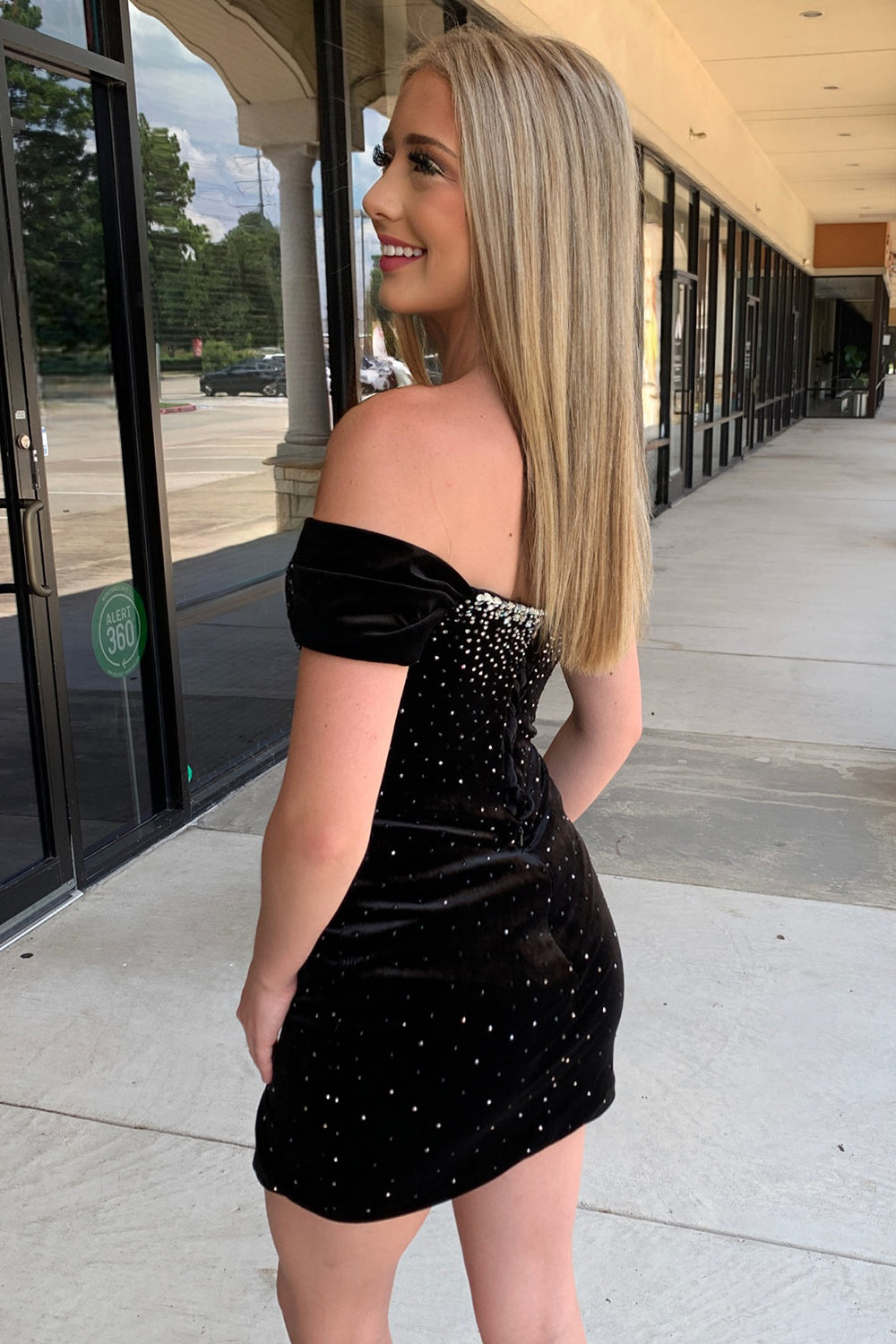 Misshow Sparkly Off the Shoulder Black Tight Short Homecoming Dress/Mini Dress with Slit