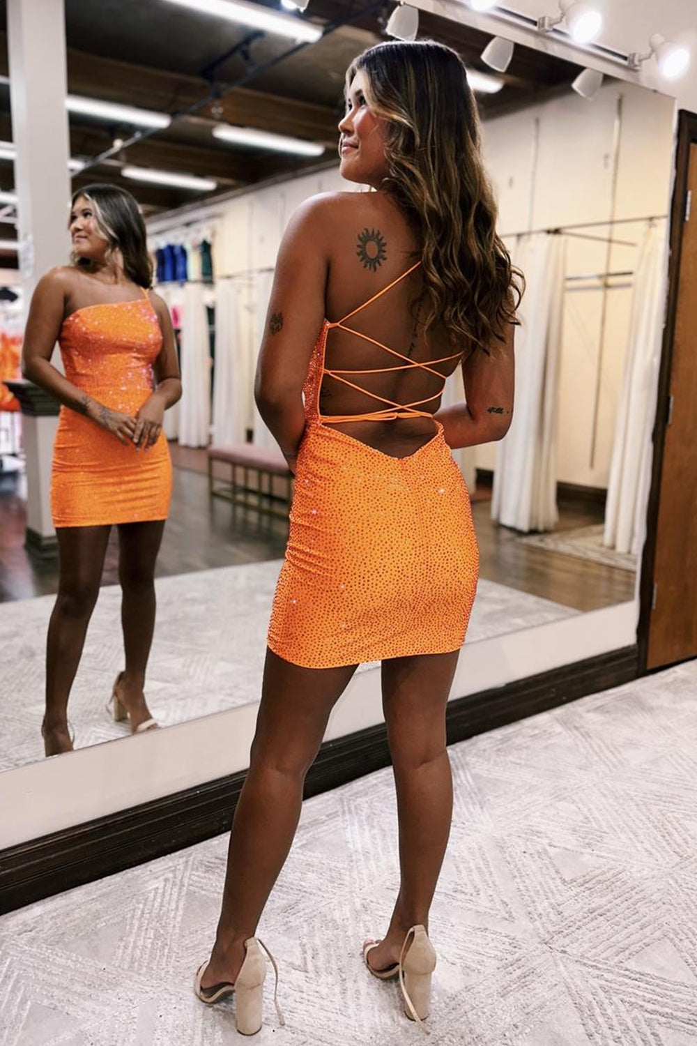 Misshow Sparkly Orange Beaded One Shoulder Sequins Tight Homecoming Dress/Mini Dress