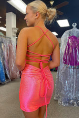 Misshow Sparkly Pink Beaded Lace-Up Back Tight Short Homecoming Dress/Mini Dress