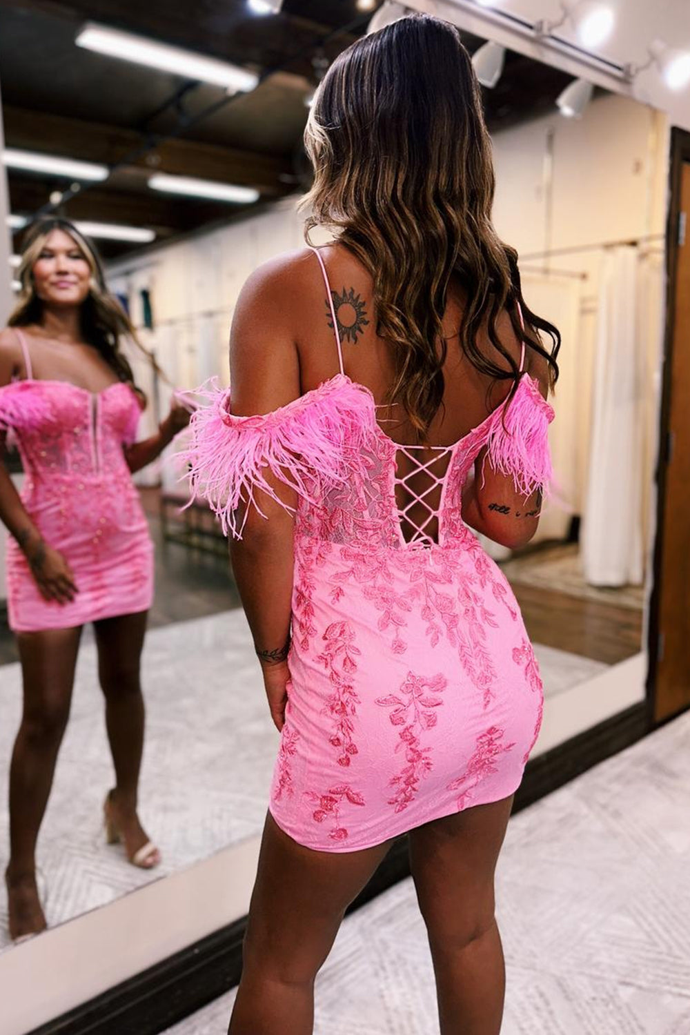 Misshow Sparkly Pink Corset Sequins Tight Short Homecoming Dress/Mini Dress With Feather