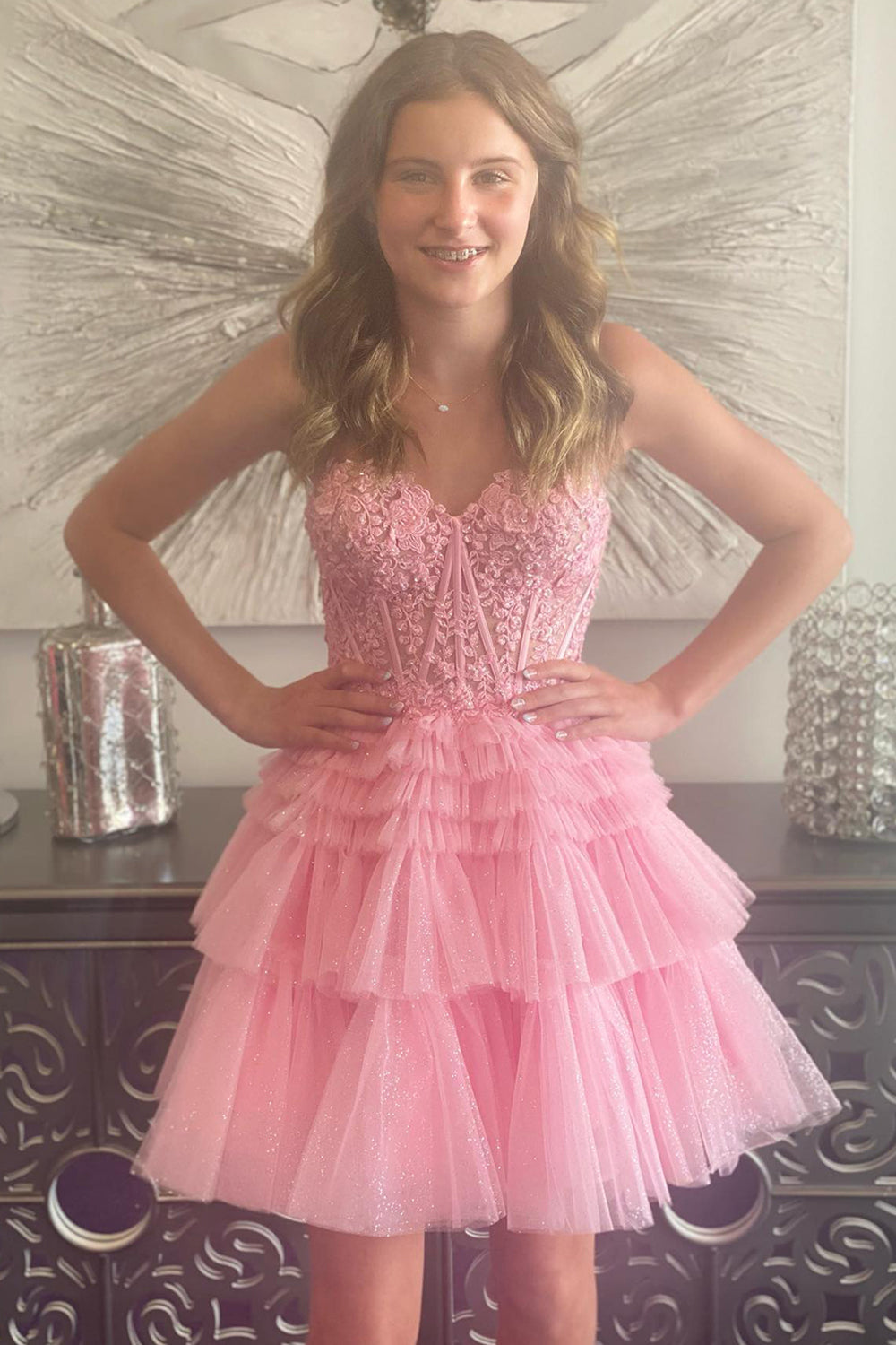Misshow Sparkly Pink Corset Tiered Short A-Line Tulle Homecoming Dress/Mini Dress with Lace