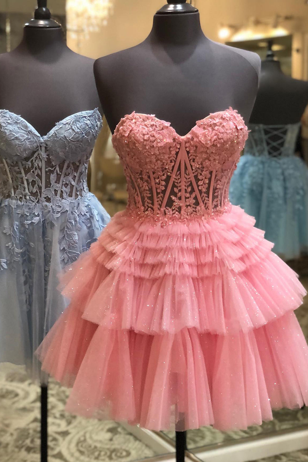 Misshow Sparkly Pink Corset Tiered Short A-Line Tulle Homecoming Dress/Mini Dress with Lace