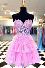 Misshow Sparkly Pink Corset Tiered Short A-Line Tulle Homecoming Dress/Mini Dress with Lace