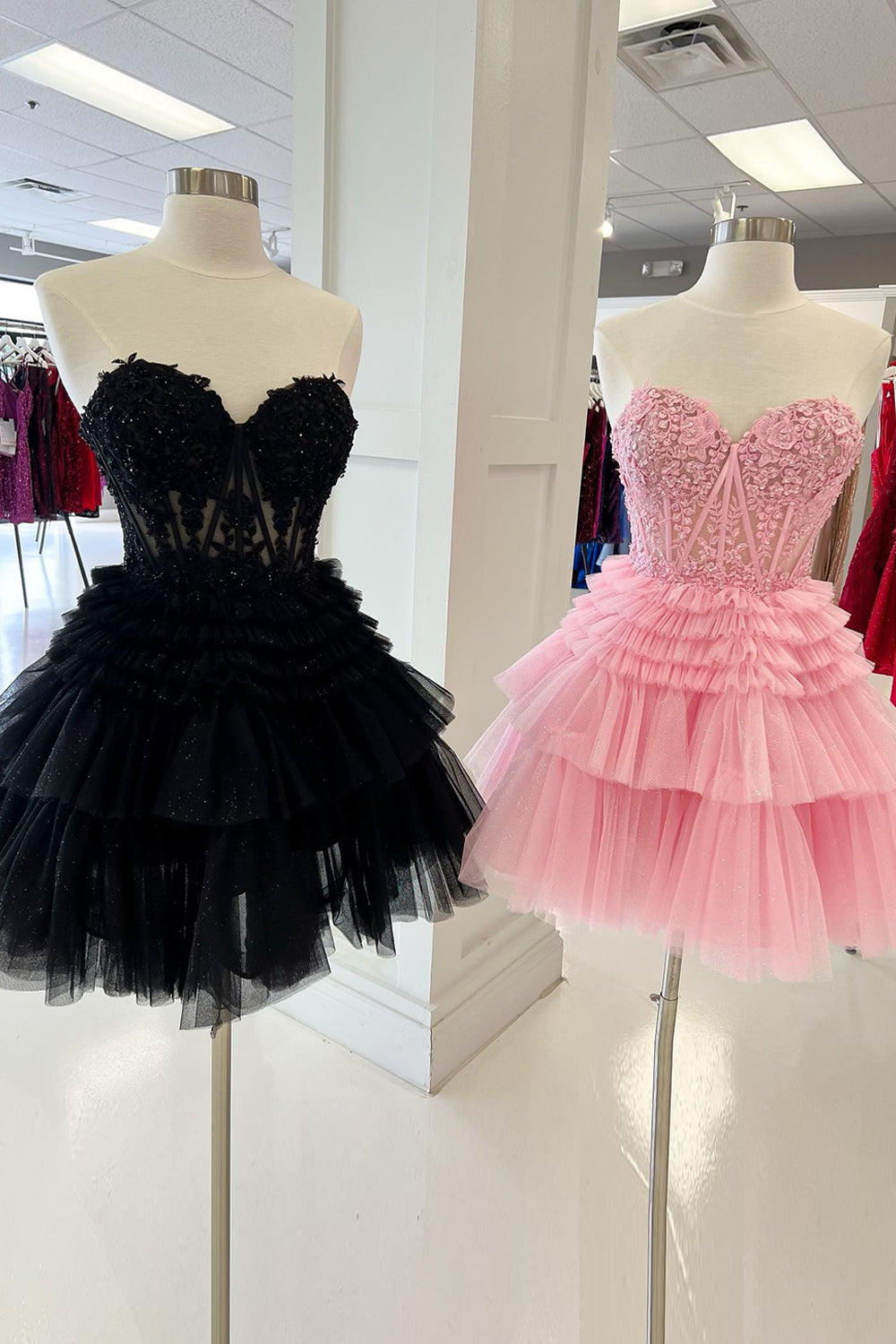 Misshow Sparkly Pink Corset Tiered Short A-Line Tulle Homecoming Dress/Mini Dress with Lace
