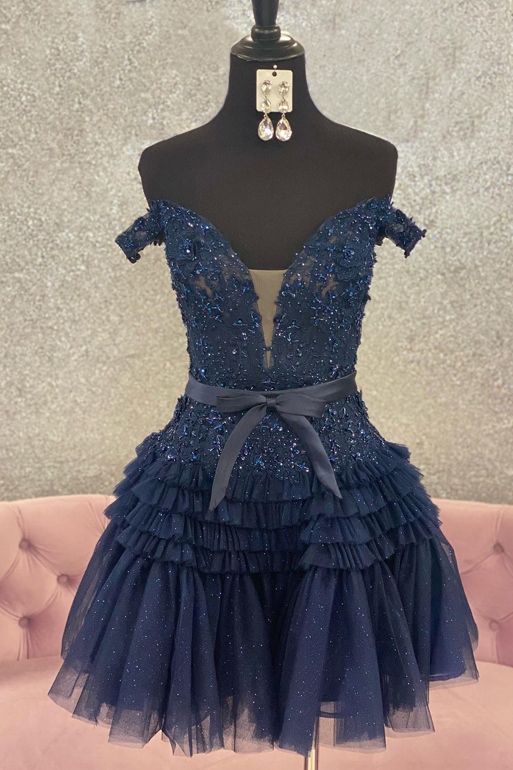 Misshow Sparkly Pink Tiered A-Line Tulle Short Homecoming Dress/Mini Dress with Lace