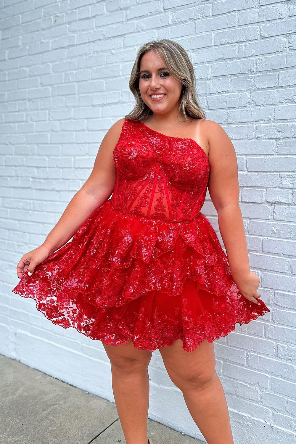 Misshow Sparkly Pink Tiered Lace One Shoulder Short Homecoming Dress/Mini Dress