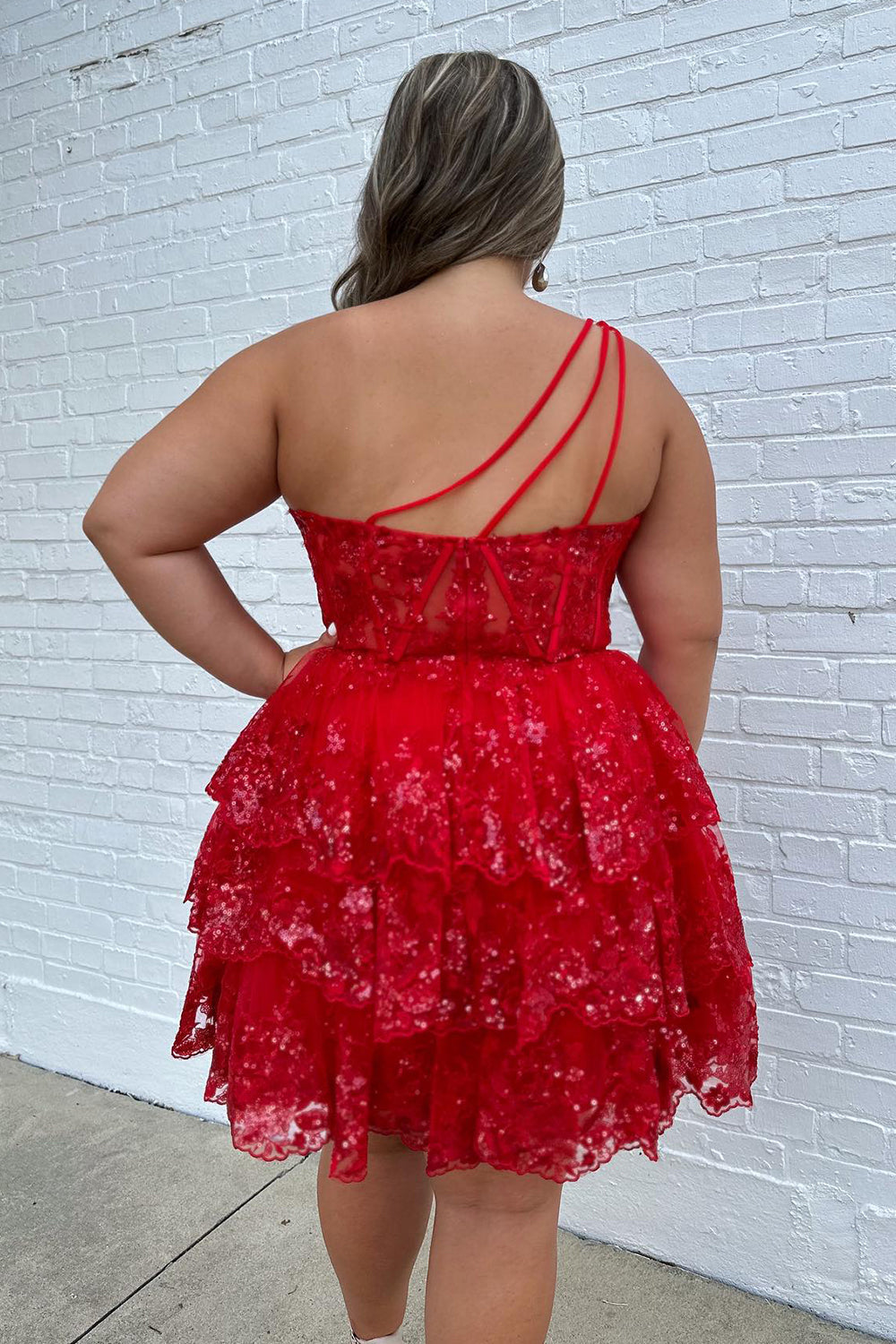 Misshow Sparkly Pink Tiered Lace One Shoulder Short Homecoming Dress/Mini Dress