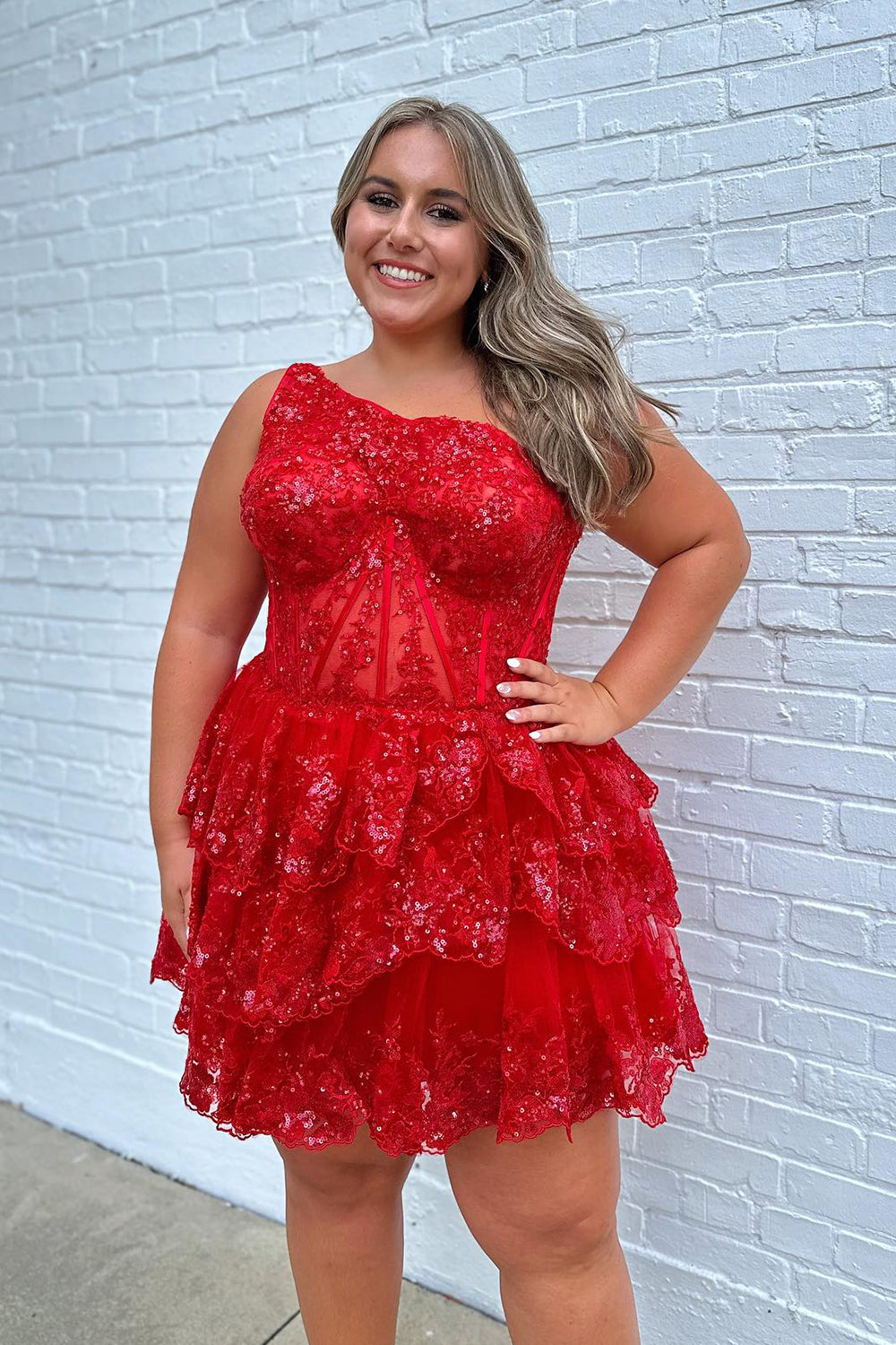 Misshow Sparkly Pink Tiered Lace One Shoulder Short Homecoming Dress/Mini Dress