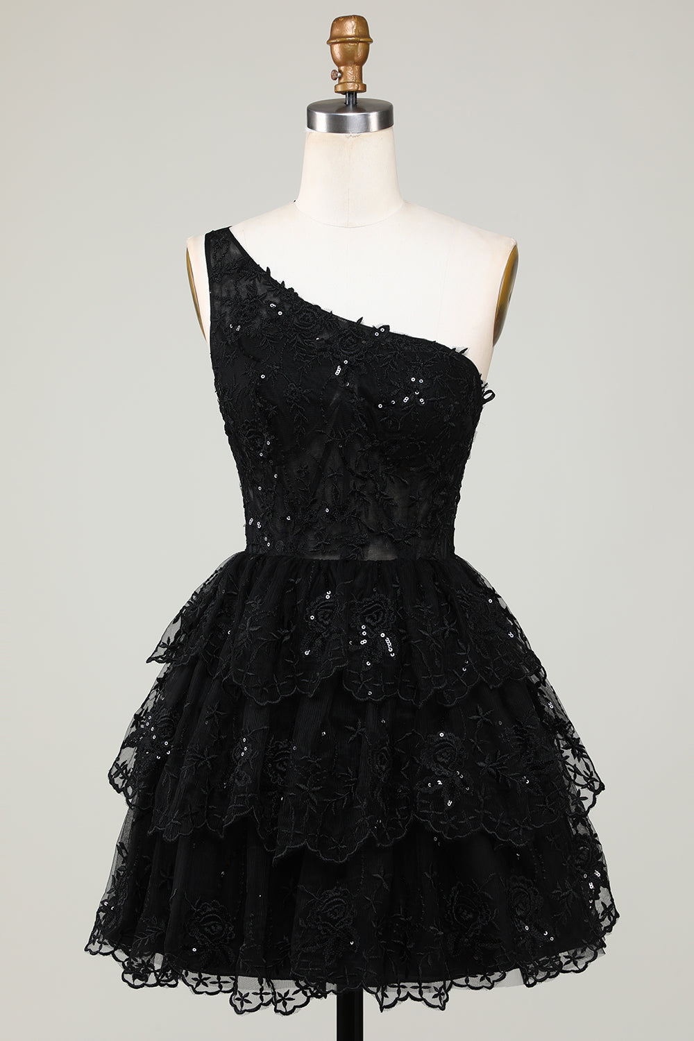 Misshow Sparkly Pink Tiered Lace One Shoulder Short Homecoming Dress/Mini Dress