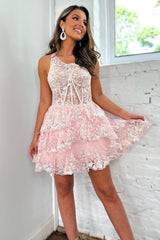 Misshow Sparkly Pink Tiered Lace One Shoulder Short Homecoming Dress/Mini Dress