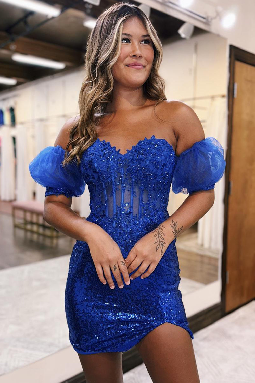 Misshow Sparkly Pink Tight Corset Sequined Short Homecoming Dress/Mini Dress with Lace