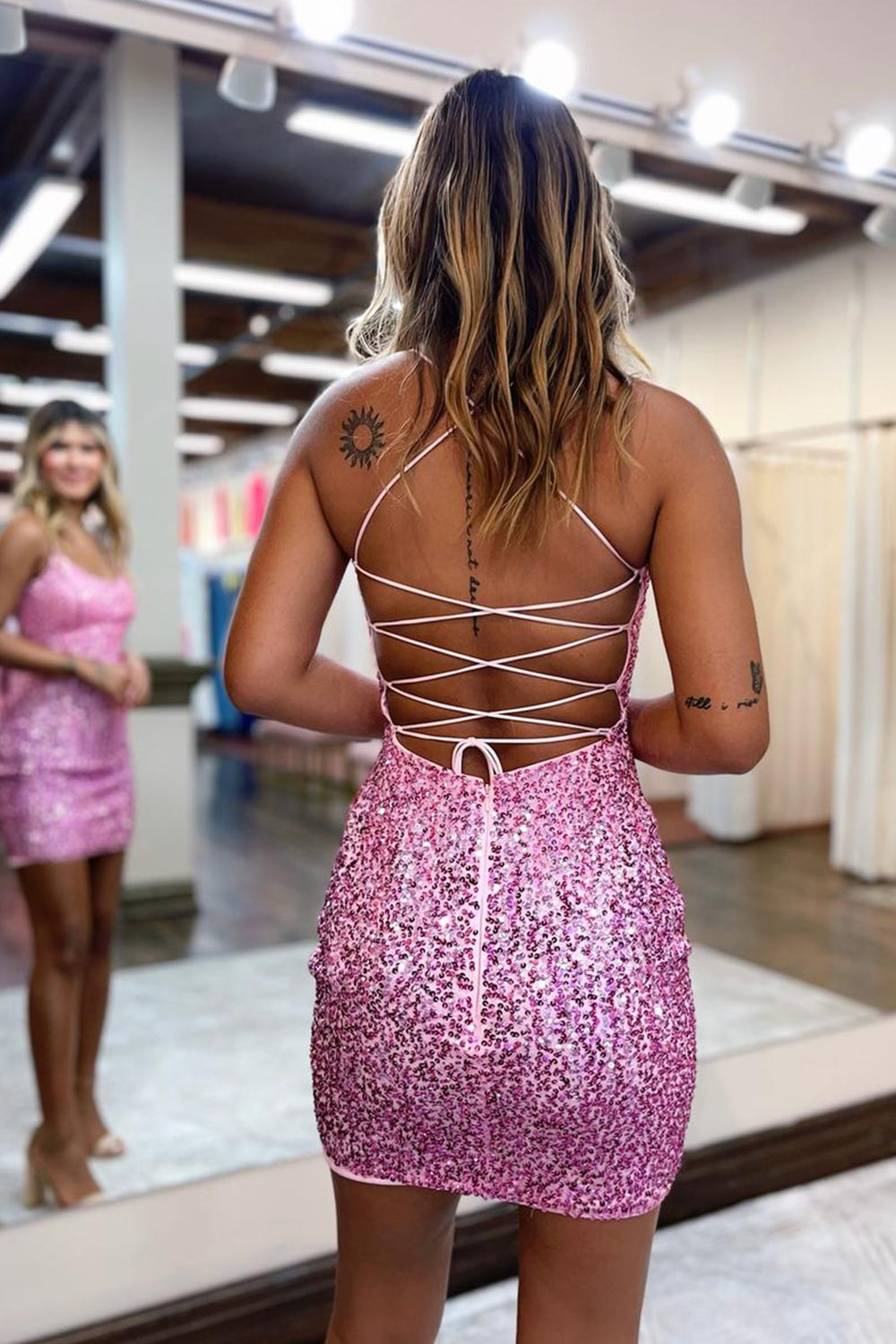 Misshow Sparkly Pink Tight Yellow Sequins Homecoming Dress/Mini Dress