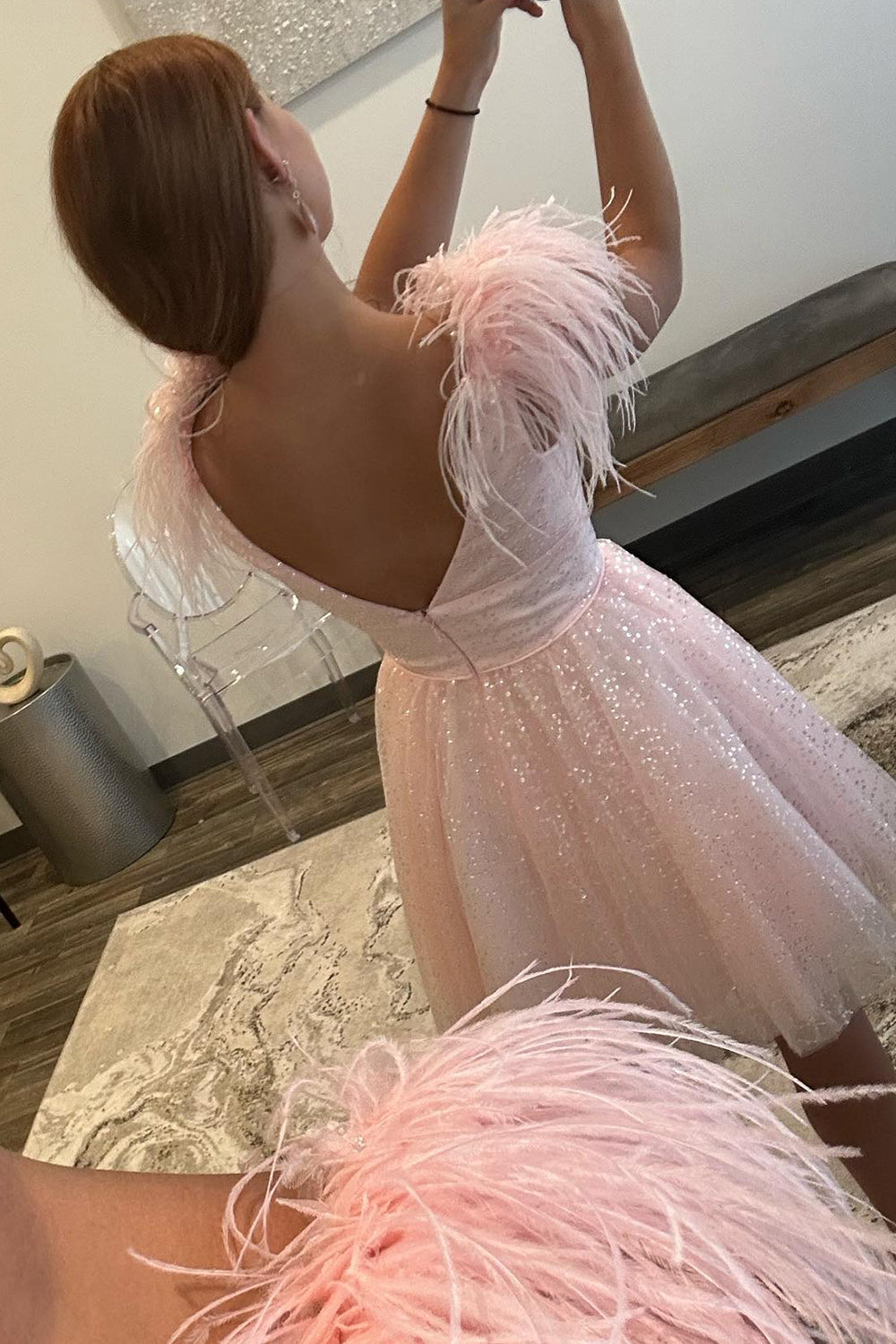 Misshow Sparkly Pink V-Neck A-Line Short Hoco Dress with Feathers