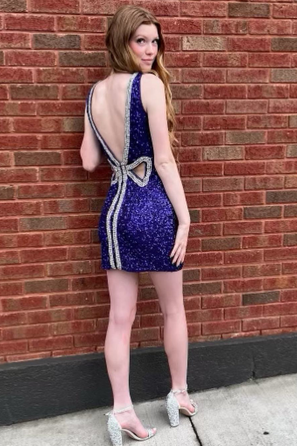 Misshow Sparkly Purple Beaded Backless Sequins Tight Short Homecoming Dress/Mini Dress