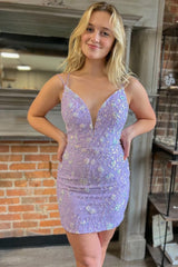 Misshow Sparkly Purple Beaded Lace-Up Back Tight Short Homecoming Dress/Mini Dress